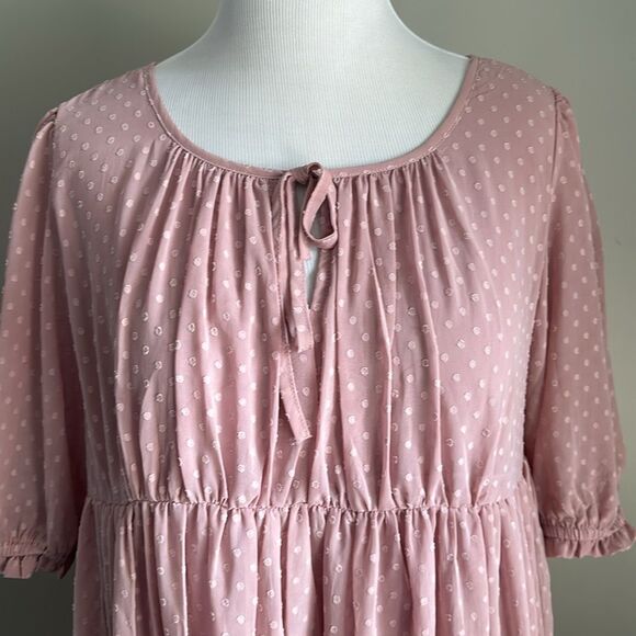 Easel Los Angeles Swiss Dot Peasant Tiered BabydollDress Blush Pink Size L - Picture 4 of 10